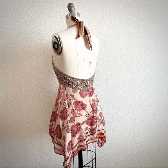 Y2K BCBGMAXAZRIA 100% SILK BOHO LOTUS FLOWER PLUNGING NECKLINE HALTER TUNIC 05 - Picture 3 of 7